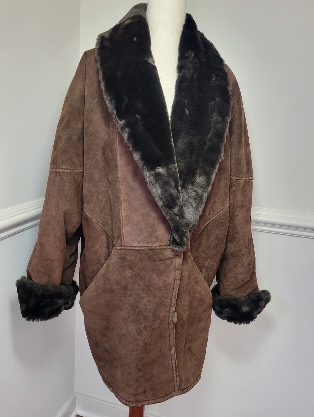 Vintage The Flight Club Brown Suede Faux Fur Oversized Statement Coat M